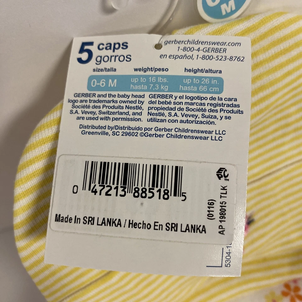 Gerber Bebé Niñas Corazones Florales Estampado Gato Sólido 0-6 Meses Rosa Algodón Sombreros Paquete de 5 Foto 3 de 4