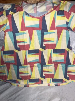 Lularoe Perfect T Shirt Tunic Yellow Red Green Shapes Tribal Large 16/20 16/18