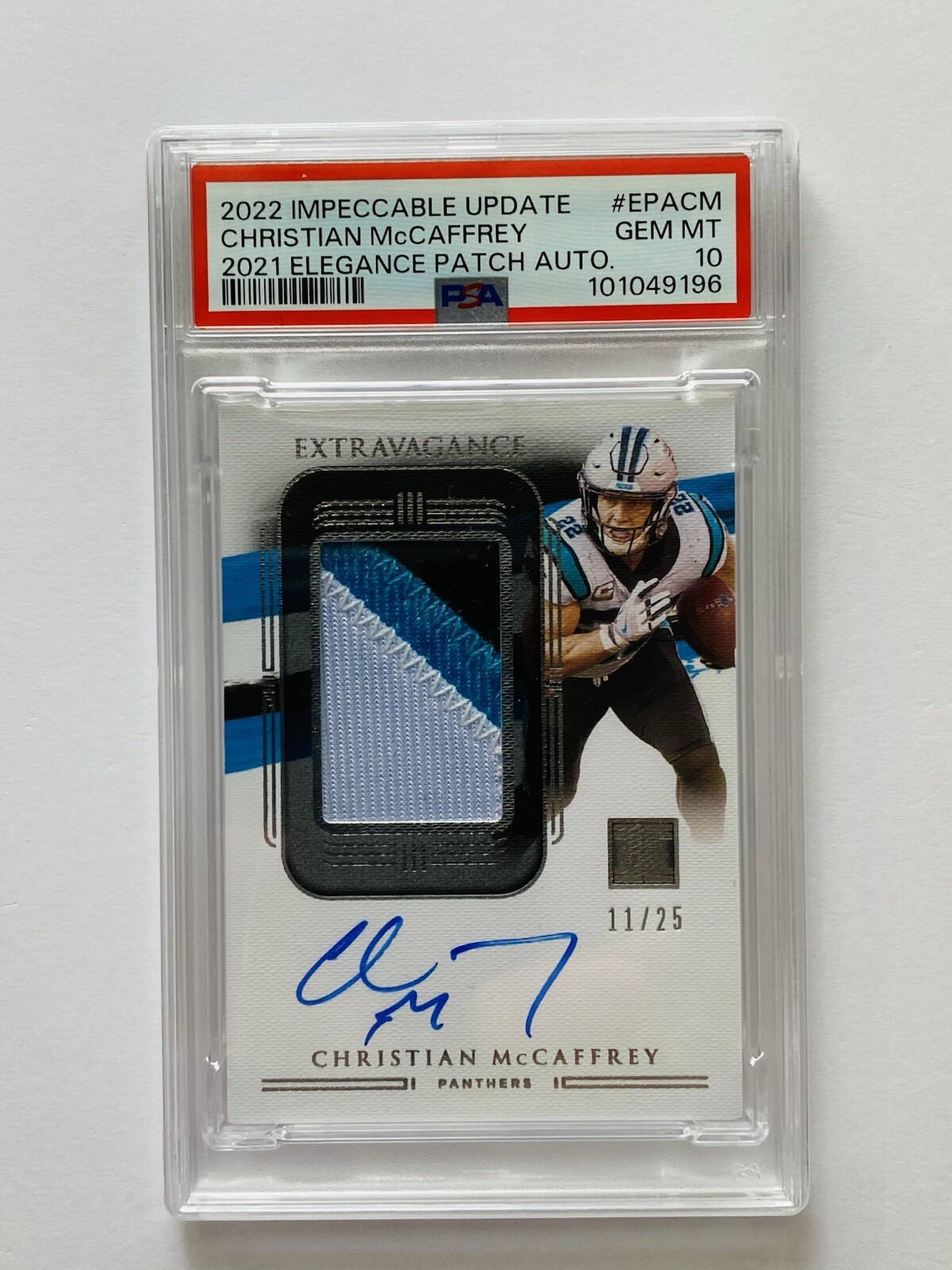 Christian McCaffrey Carolina Panthers 2022 IMPECCABLE UPDATE Elegance PATCH AUTO /25 PSA 10 