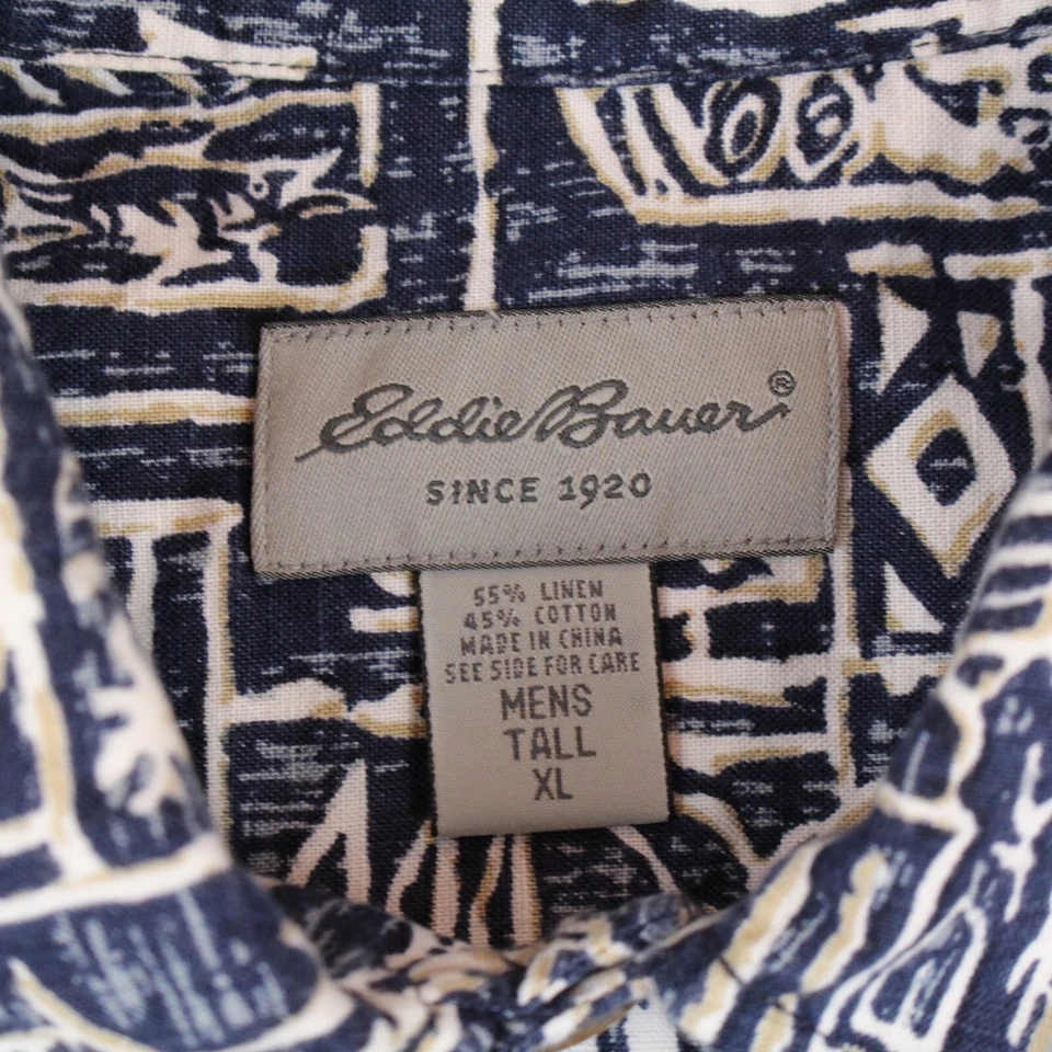 Eddie Bauer Shirt Mens Size XLT Tall Blue Graphic Button Up Linen Blend Hawaiian - Image 3 of 4