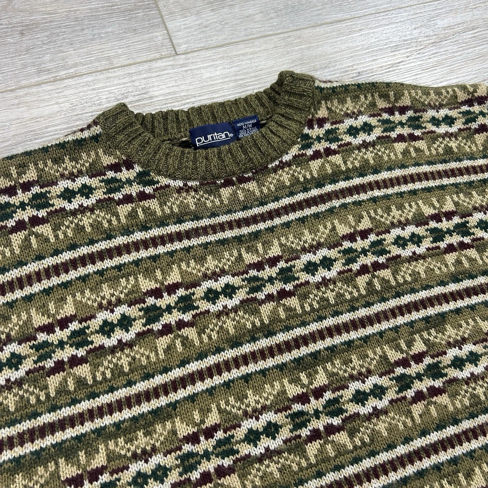 Vintage Puritan Medium Fair Isle Sweater Olive Green Geometric Striped Crew Neck - Image 2 of 4