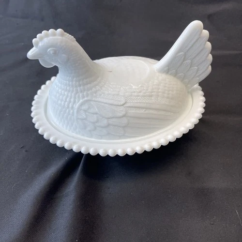 Indiana Milk Glass Hen on Nest Beaded Edge Covered Dish White Vintage Chicks