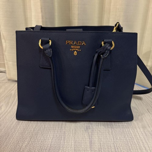 Prada Galleria Saffiano Leather Shoulder/Hand Bag Medium Navy Used from JAPAN