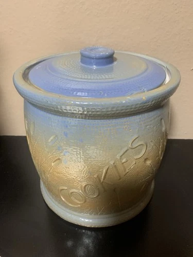 Antique Redwing Pottery Cookie Jar w/Lid Cattails -  Blue - Flaws