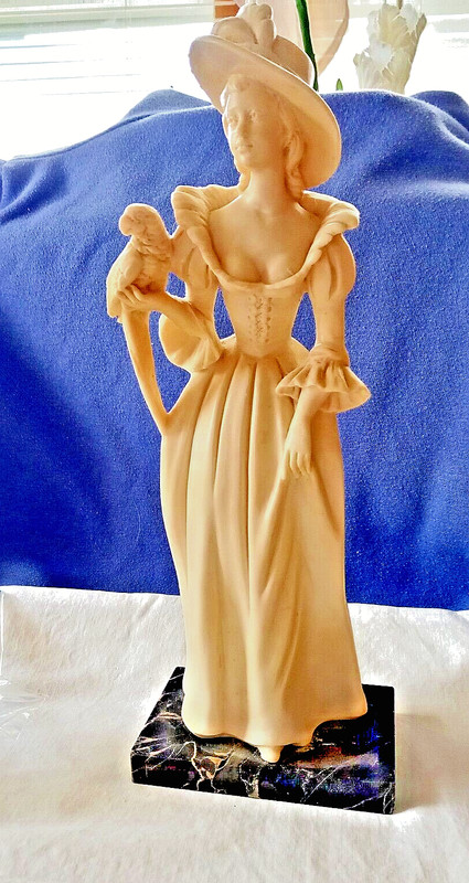 SCULPTURE VICTORIAN WOMEN WITH PARROT 12" TALL A SANTANA ITALY RESIN ORIGINAL LA