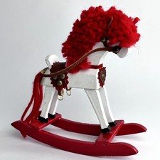 Vintage Hand Painted Wood Rocking Horse Red Yarn Mane Tail Leather-like Saddle