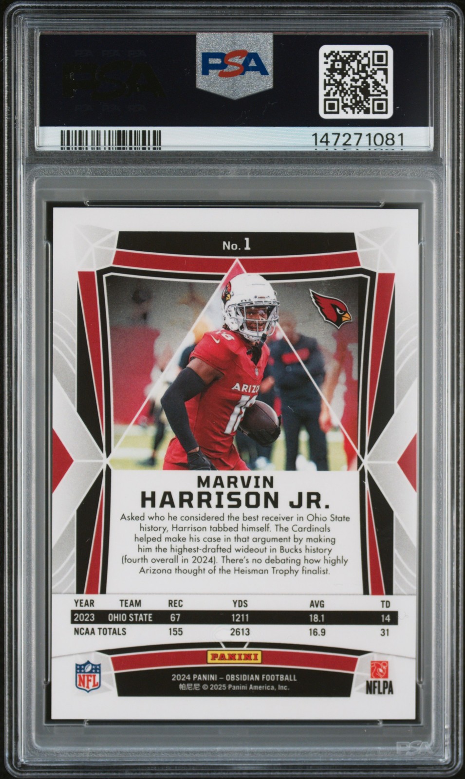 2024 PANINI OBSIDIAN INTERNATIONAL #1 MARVIN HARRISON JR. PSA 9 view 2