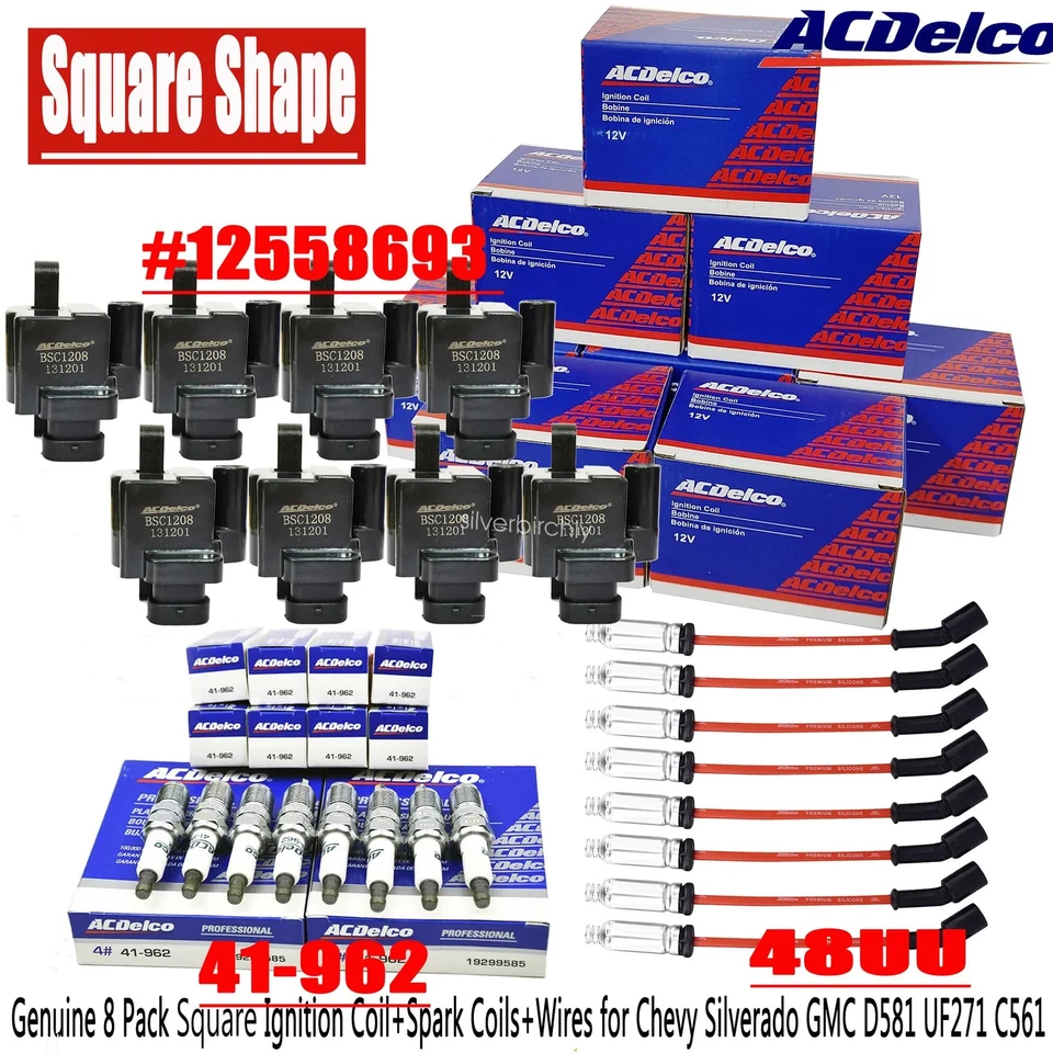 Bobina de encendido cuadrada + cable de bujía para Chevy GMC 4,8/5,3/6,0/8,1 L paquete 8 u% Foto 2 de 4