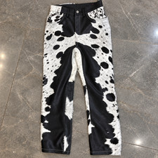Unisex Black White Cowhide Leather Pants Hair On Hide Western Cowboy Trousers
