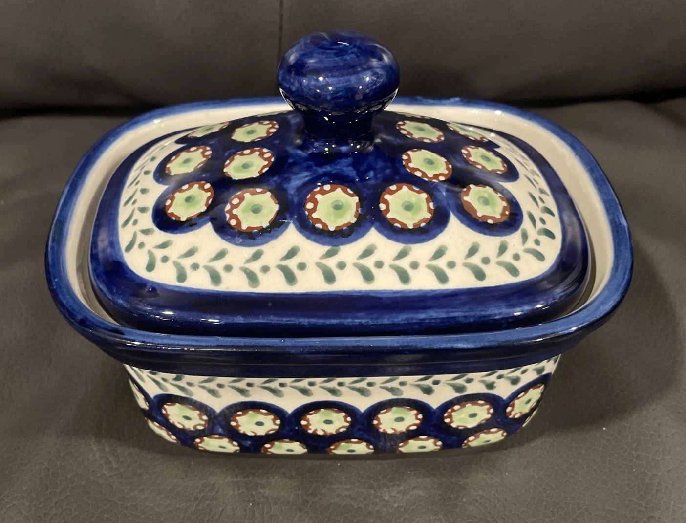 Vintage Zaklady 5” Hand Made Poland Butter Dish With Lid Blue Floral Flowers