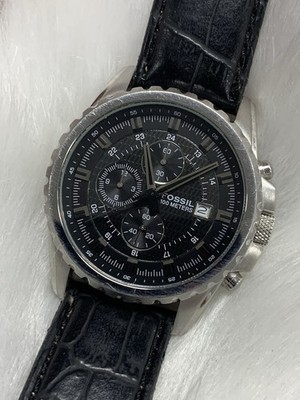 Fossil Blue Chronograph Date Watch CH-2497 100M/330Ft Black Leather Band