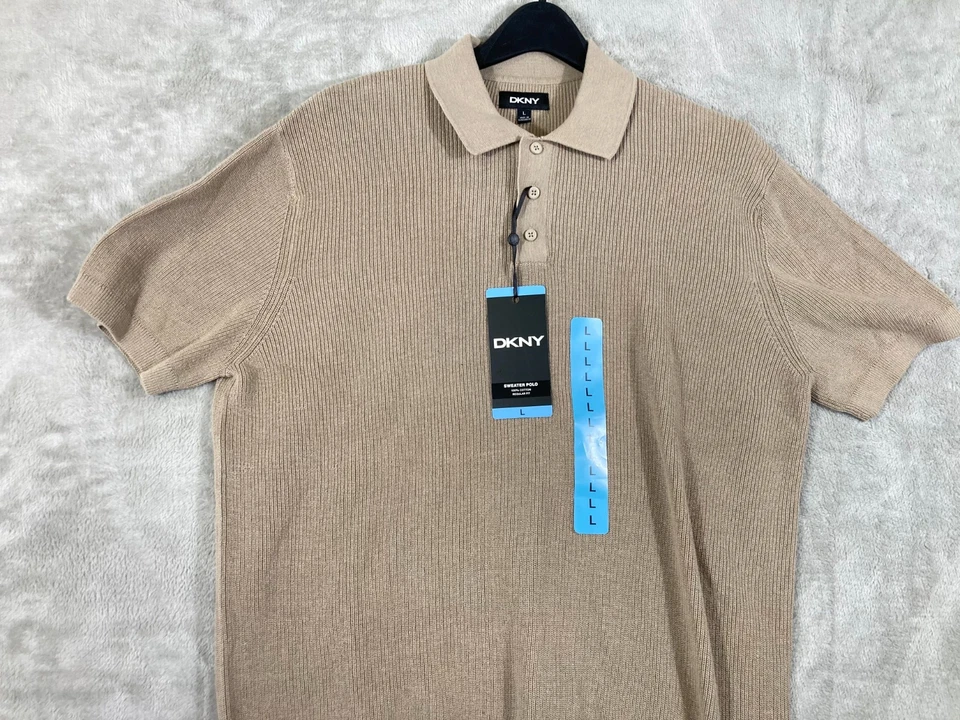 DKNY Suéter Polo Para Hombres Grande Crema Algodón Manga Corta Acanalado Tejido Nuevo con Etiquetas Foto 2 de 4