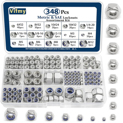 SAE & Metric Nylon Insert Lock Nuts Kit(348Pcs),6#32 8#32 10#24 10#32 1/4-20 5/1