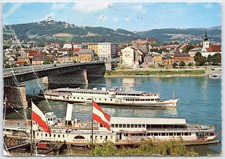 Vintage Linz Austria Postcard DDSG Dock with Pöstlingberg View 1974