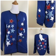 NWT INDIGO MOON QVC sz Small Blue Red Star Applique Embroidery Linen Mix Jacket