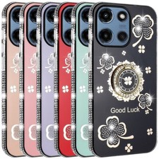 For Moto G Play 2026 Case Lucky Clover Glitter W/Diamonds Edges Ring Stand Cover