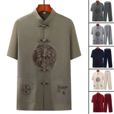 Mens Traditional Chinese Tang Suit Uniform T-shirt Kung Fu Suit Dragon Embroidey