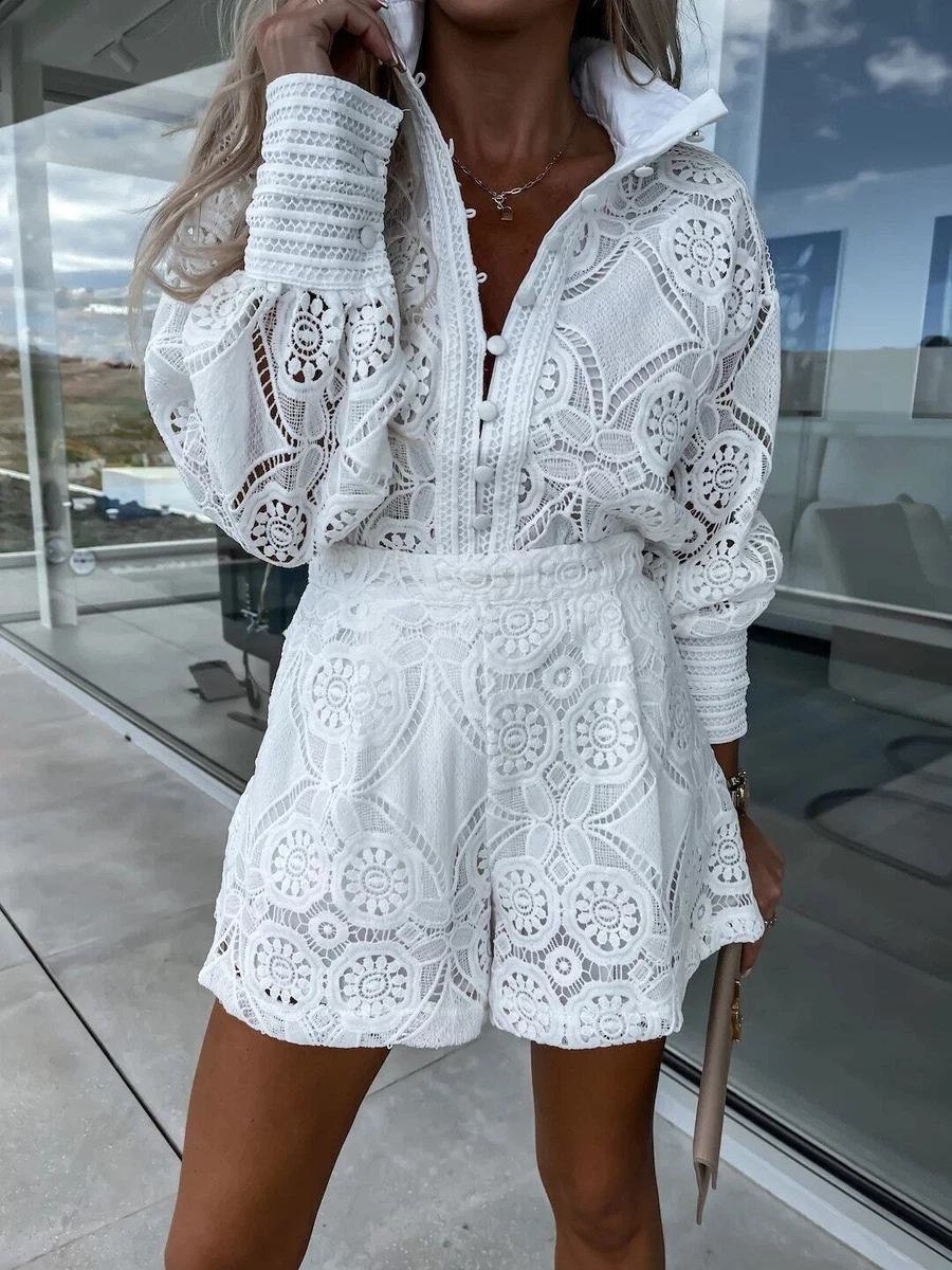 White lace top shorts outfit