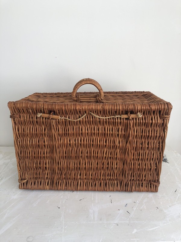wicker picnic basket 20" vintage woven rattan suitcase style lid handmade