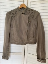 Free People Sz 4 Linen Cotton Eyelet Moto Jacket Olive Green Zip Asymetrical