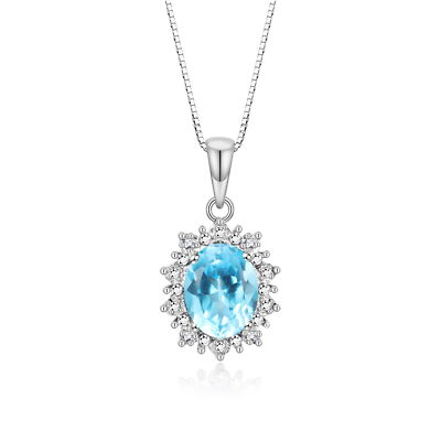 RYLOS BLUE TOPAZ & DIAMOND GEMSTONE PENDANT NECKLACE 18'' STERLING SILVER