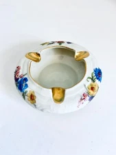 Vintage Hand Painted Floral Print Porcelain Ashtray Gold Trim Signed Germany