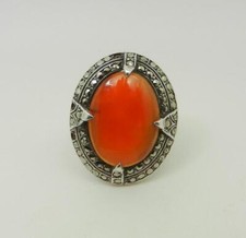Antique Sterling Silver Genuine Red Carnelian Stone  Marcasite Ring - LB-C2624