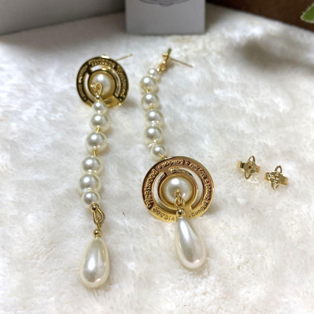 Vivienne Westwood Long Pearl Earrings Gold White Orb Drop Outlet