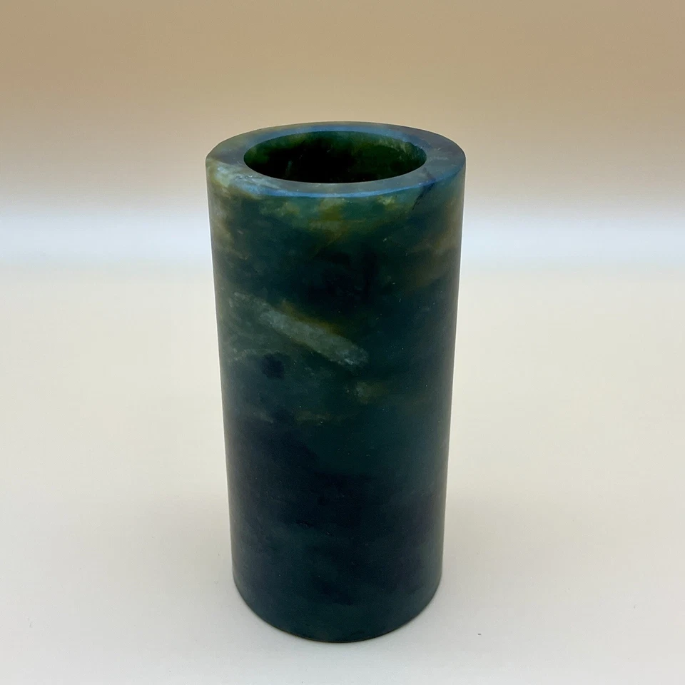 Antique Late 19th C. Qing Dynasty Chinese Small Cylindrical Green Jade Brush Pot - Image 4 of 4
