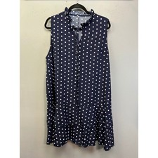Plus Size Dress Women XXL Navy Polka Dot Ruffle Neck Tiered Sleeveless Shift
