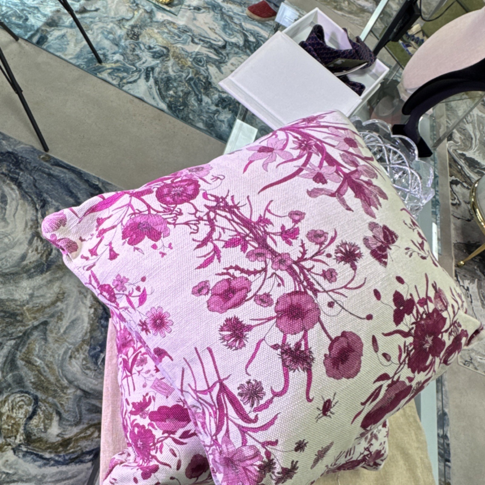 Gucci Pink Purple White Floral Decorative Square Throw Pillow with Zip Closure thumbnail 11