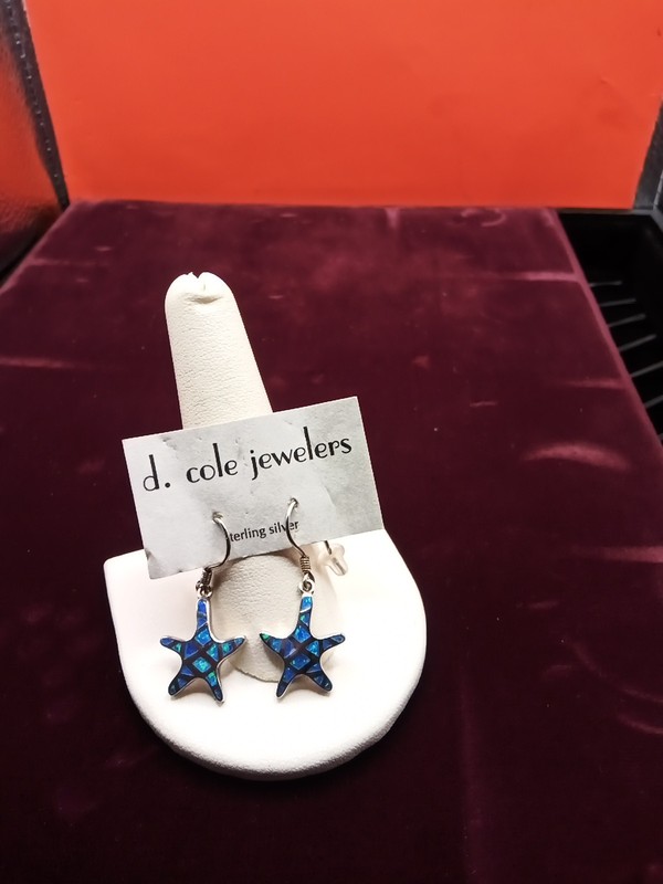 Sterling Silver Starfish w. Blue Opal Inlays Earrings French Wire, About 1  1/4 