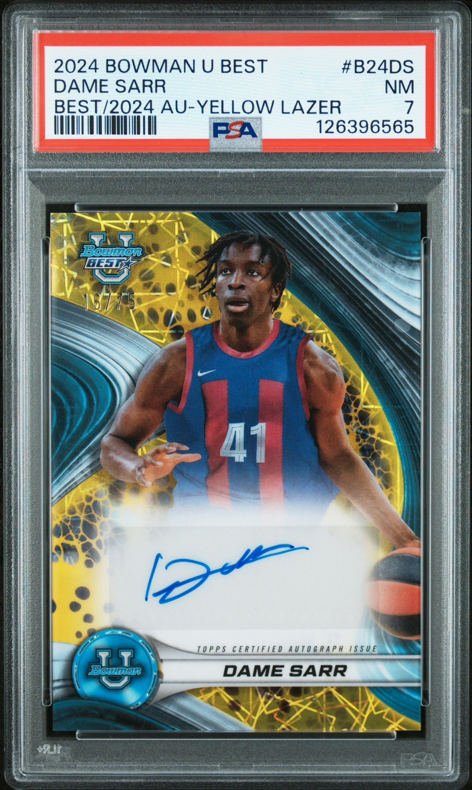 2024-25 Bowman U Best #B24-DS Dame Sarr Best of 2024 Auto Yellow; #/75; PSA 7