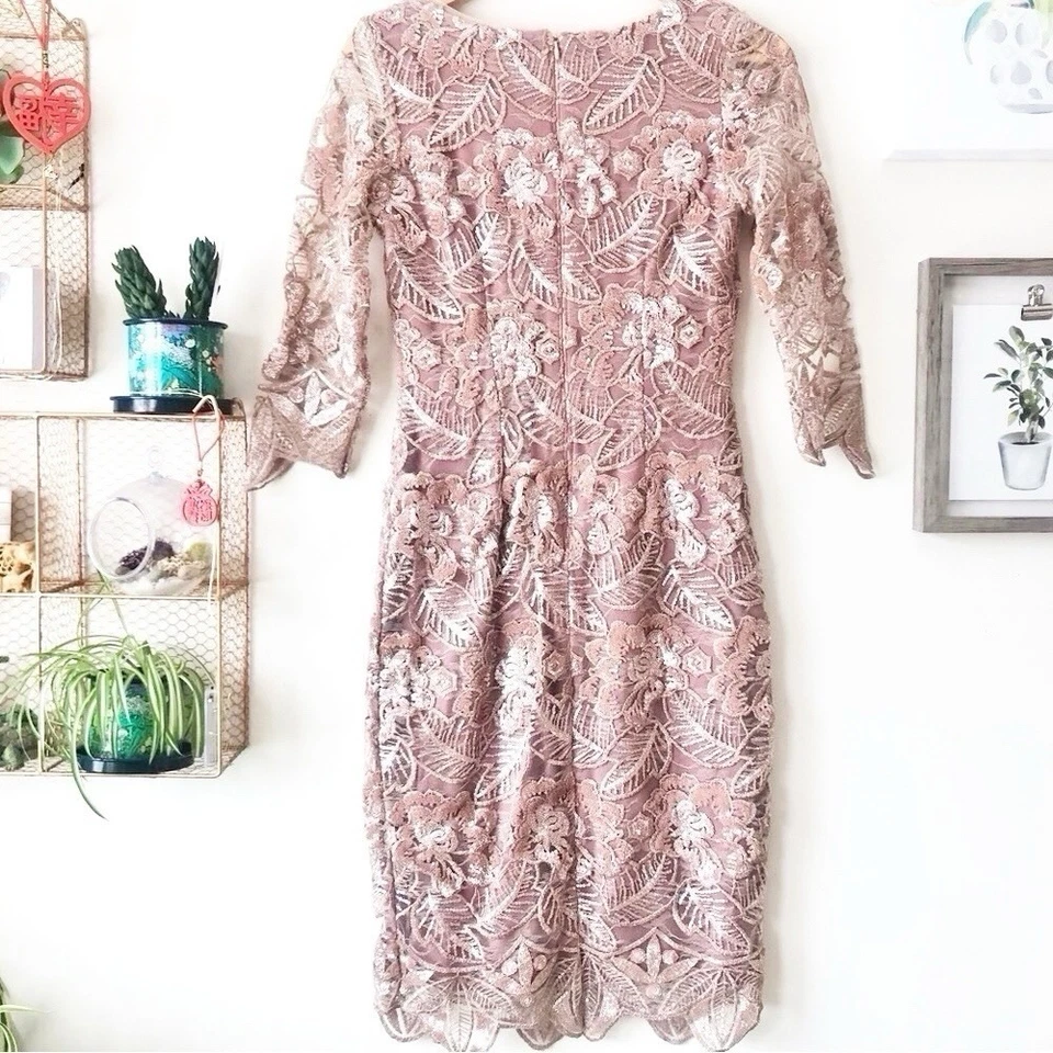 Платье-футляр BHLDN Mackenzie Mauve Dusty Rose с блестками металлик кружево цветочный узор размер 6 - Изображение 3 из 4