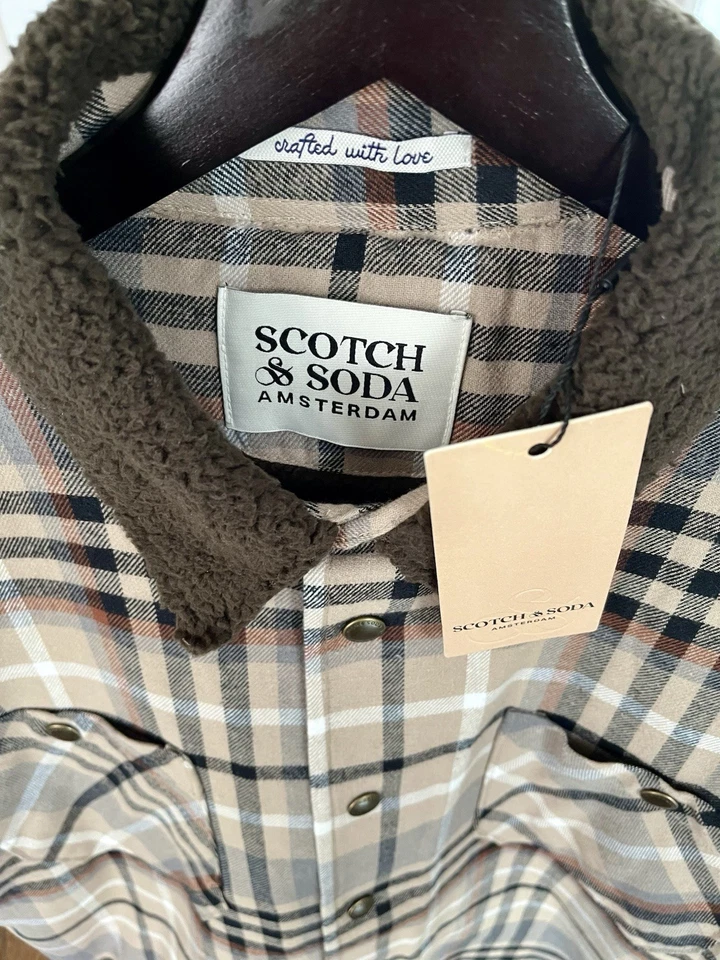 Chaqueta grande de franela Sherpa Scotch & Soda Eisenhower marrón tostado moca para hombre NUEVA Foto 3 de 4