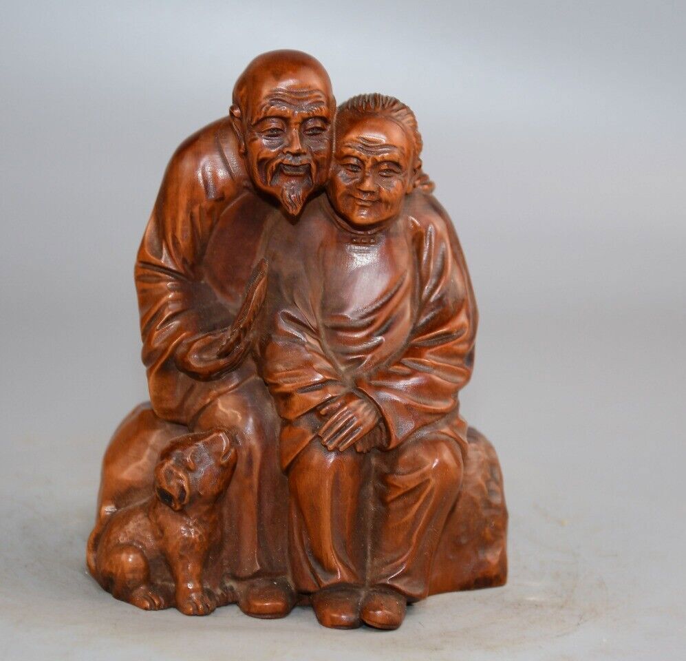 Old Chinese Natural Boxwood Carved Couple Statue Home Decor