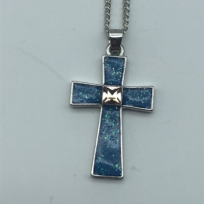 Vintage cross necklace blue rhinestone silvertone