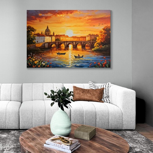Peinture De Ville Abstraite Moderne Coucher De Soleil Enchanteur Sur La Rivière - Imagen 3 de 4