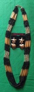 Beaded Black And Gold Necklace/clip Earrings