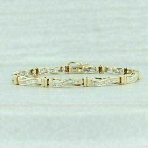 Women Solid 14k Yellow Gold Over 6.93Ct Baguette Cut Diamond Tennis 7" Bracelet - Picture 2 of 4