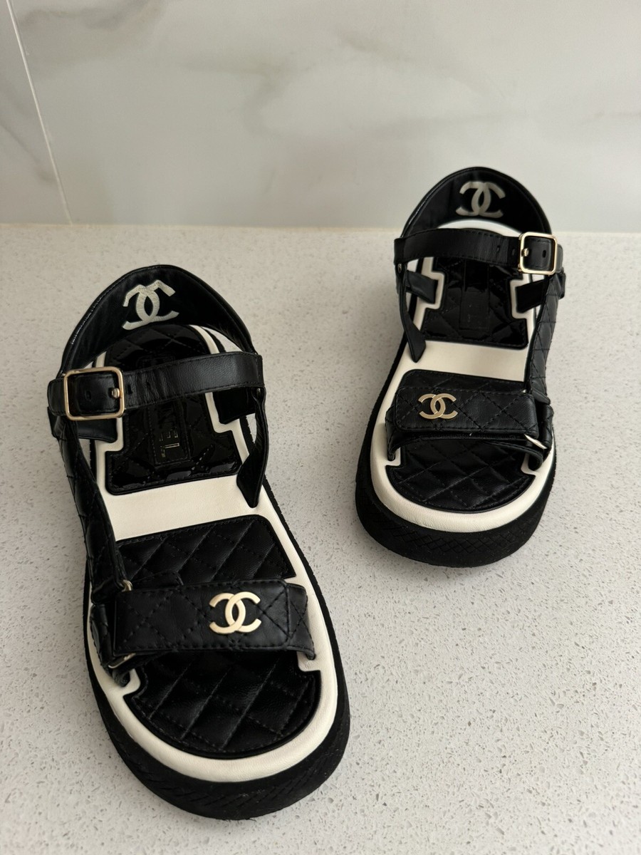 Chanel Lambskin Logo Platform Sandals 37 Black White 22P | eBay Chanel Lambskin Logo Platform Sandals 37 Black White 22P | eBay
