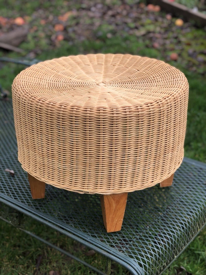 1970s Handwoven Wicker & Bamboo Round Footstool Ottoman - Image 2 of 4