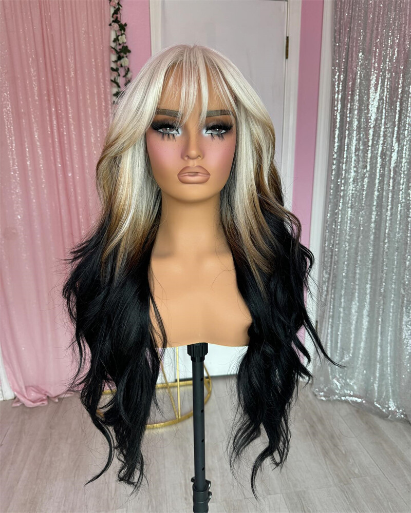 Blonde Brown Black 3 Tones Wig with Bangs Body Wave Human 