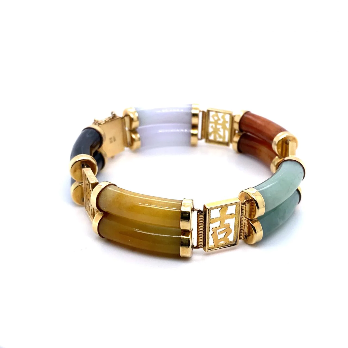 Vintage Carved Multi Color Jade Five Link and 14K Yellow Gold