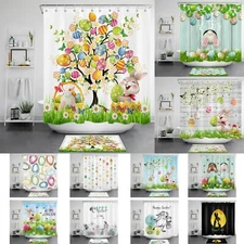 Happy Easter Shower Curtain Funny Bunny Egg Spring Flower Butterfly Bathroom Set