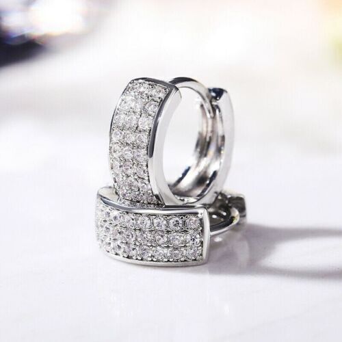 Stylish Huggie Hoop Earrings with 2.10 Ct Simulated Diamonds in 14k White Gold Finish-image