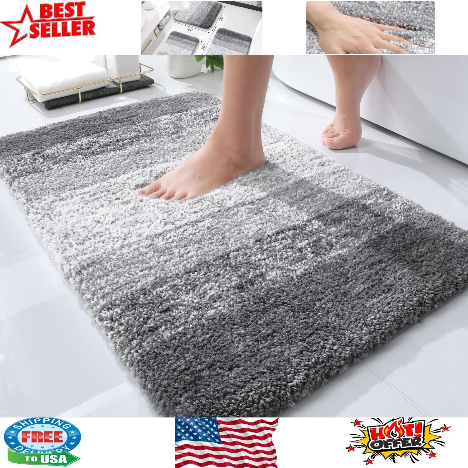 Ultra-Soft Quick-Dry Bath Rug 24x16 with Non-Slip Backing in Grey