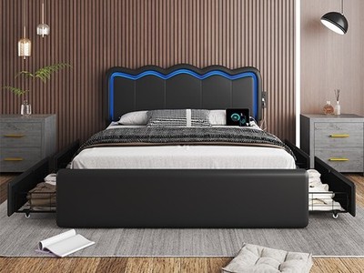 Queen Bed Frame With 4 Large Drawers, Upholstered Headboard, Charging station.
