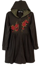 DG2 Diane Gilman Hooded Long Jacket Brown Sz L Zip Front Embroidered Women EM120