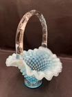 FENTON BLUE OPALESCENT HOBNAIL SMALL CRIMPED BASKET